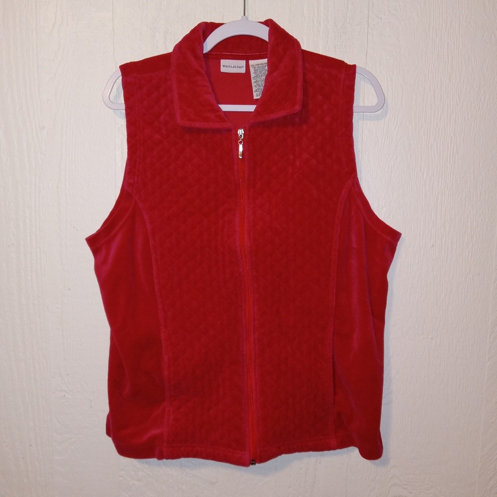 White Stag Quilted Velour Vest Women XL Red Full Zip Pockets Sleeveless Jacket